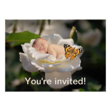 A baby and white rose invitation