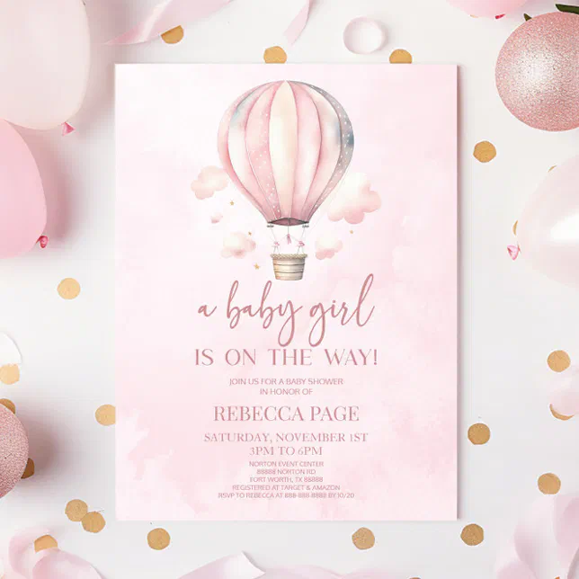 A Baby Girl Pink Hot Air Balloon Baby Shower Invitation Zazzle