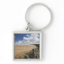 A Barbed Wire Fence Built Along A Stone Fence Keychain