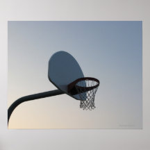 A basketball backboard hoop and net. Clear blue Print