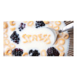 A bowl of alphabet cereal pieces floating in milk photo card template