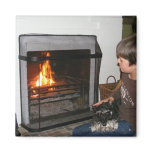A Boy and His Dog by the Fireplace