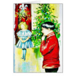 A boy looking at a girl greeting cards