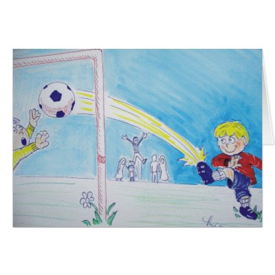 A boy's first goal playing football greeting card by mike_jory
