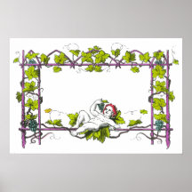 A cherub lounging on a trellis eating grapes poster