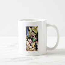 A child sleeping and people around coffee mugs