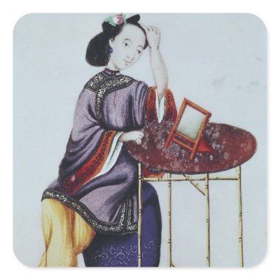A Chinese Woman Arranging her Hair Square Sticker by bridgemanart