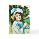 A christmas greeting with a girl carrying christma