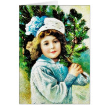 A christmas greeting with a girl carrying christma card