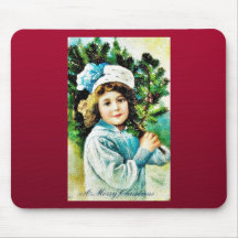 A christmas greeting with a girl carrying christma mouse pads
