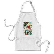 A christmas with two girls chatting and many are a aprons