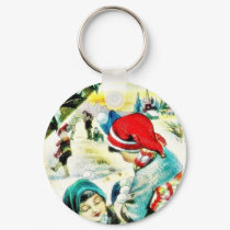A christmas with two girls chatting and many are a keychains