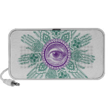 A circle of hands and an Eye Mini Speaker