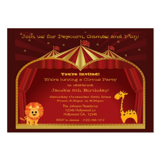 A Circus Birthday Party Invitations Business Card Template (front side)