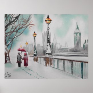 A couple walking in snowy London Gordon Bruce Posters