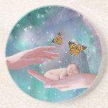 A cute baby in hand fantasy beverage coaster
