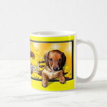 A Dachshund Mug with a big "mornin sunshine" mugs