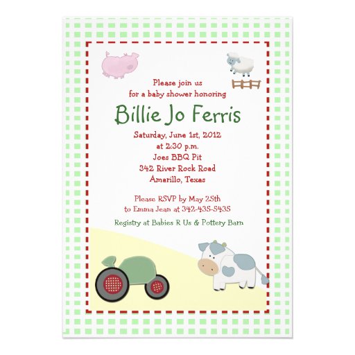 A Day on the Farm 5x7 Barnyard Baby Shower Custom Invites