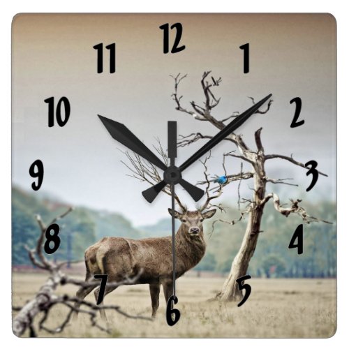 A Deer And A Bluebird Square Wall Clock A Deer And A Bluebird Square Wall Clock