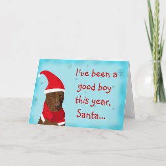 A dog in a Christmas hat card