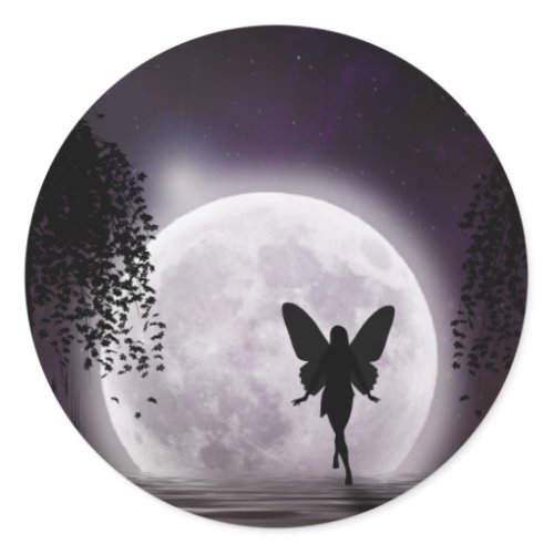 A fairy silhouette against a shining moon sticker