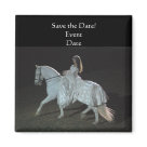 square_magnet - Pristine white medieval-styled rider on a beautiful white horse.  Also available matching invitations, picture-only or "save-the-date" postage stamps, as well as "save-the-date" postcards.