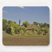 A farmed field in front of thatched roof houses mouse pads