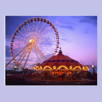 A ferris wheel and carousel at the Navy Pier in postcards