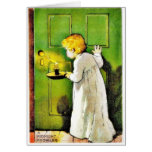 A girl going with candle light infront of a door greeting card