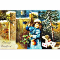 A girl knocks the gate of a house with gifts along photo sculpture