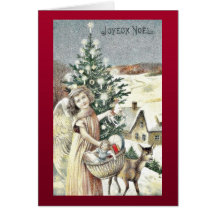 A girl standing with basket of gifts near christma greeting card