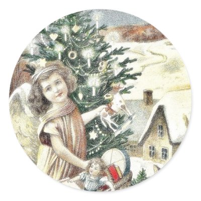 A girl standing with basket of gifts near christma stickers