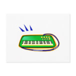 A green keytar with a blue strap graphic, post cards