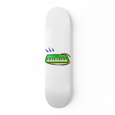 A green keytar with a blue strap graphic, skateboards by MusicianEvents