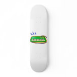 A green keytar with a blue strap graphic, skateboards