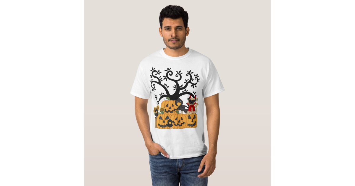 A Halloween Pumpkins, Black Birds and Pug Dog TShirt Zazzle