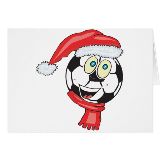 A happy christmas soccer ball wearing a santa hat card