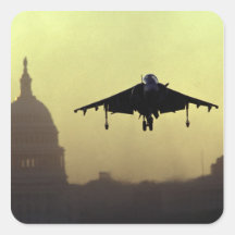 A Harrier jet landing on the Mall at dawn with Square Sticker