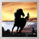 A horse silhouette and waterfall posters
