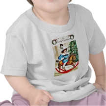A kid playing on a horse ride on a toy infront of tee shirts