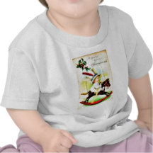 A kid sitting on a horse like toy with sword tshirt