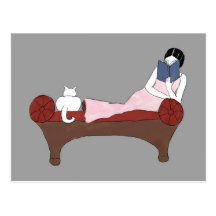 A Lady, A Cat and A Very Good Book Postcard