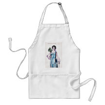 A lady holds leaves in a hand apron