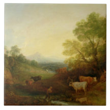 A Landscape with Cattle and Figures by a Stream an Ceramic Tile