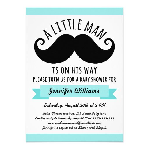 A little man, aqua blue mustache baby shower personalized invitation
