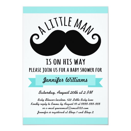 little man, aqua blue mustache baby shower 4.5x6.25 paper invitation 