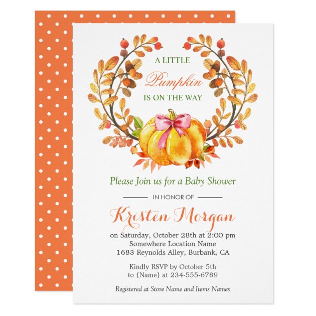 A Little Pumpkin Is On The Way Fall Baby Shower Card (front side)