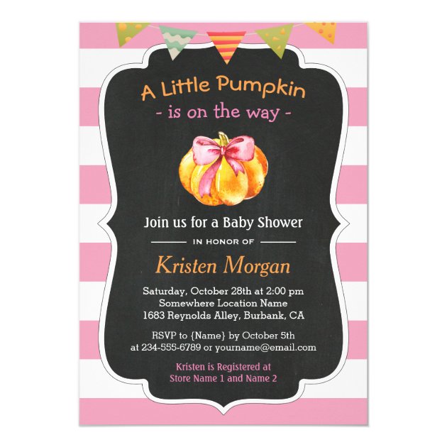 A Little Pumpkin is on the Way Girl Baby Shower Card (front side)