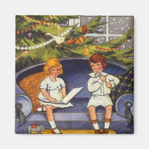 A Merry Christmas; Children Sitting on a Couch Refrigerator Magnet