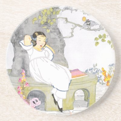 A Nap on Garden Bench Under Cherry Tree Drink Coaster by pinkalmond